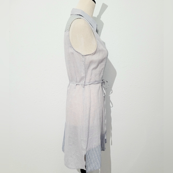 Hem & Thread Sleeveless Shirt Dress Size Small Blue Striped Button Front Tie - Picture 3 of 8